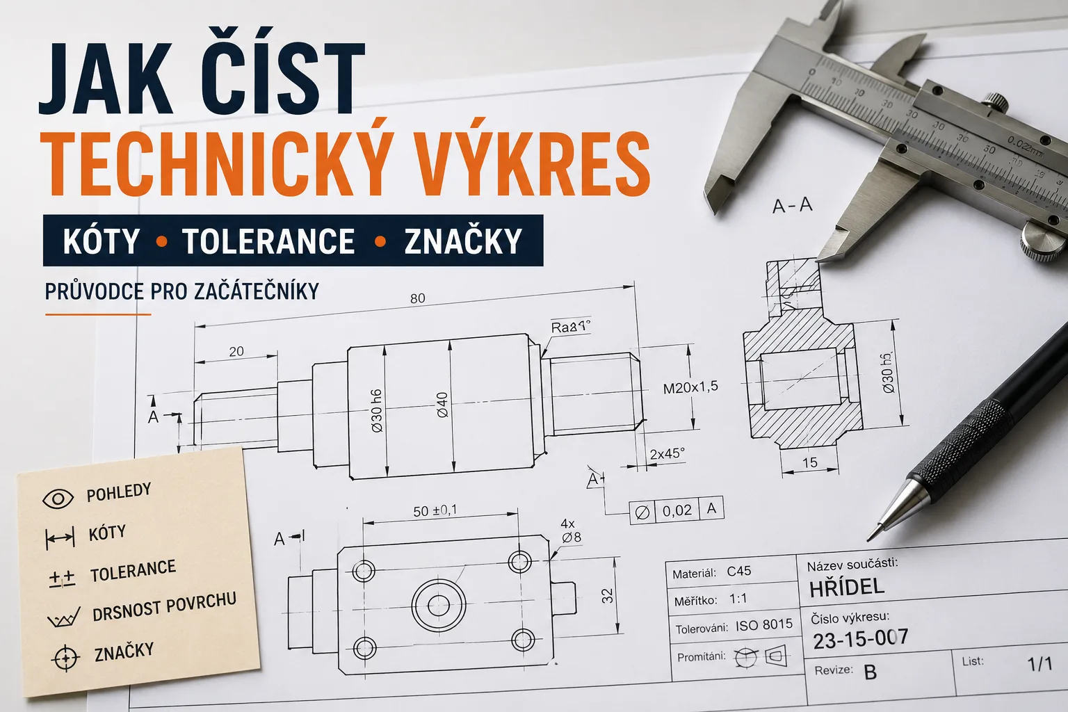 Technický výkres strojní součásti s kótami, tolerancemi a posuvným měřidlem