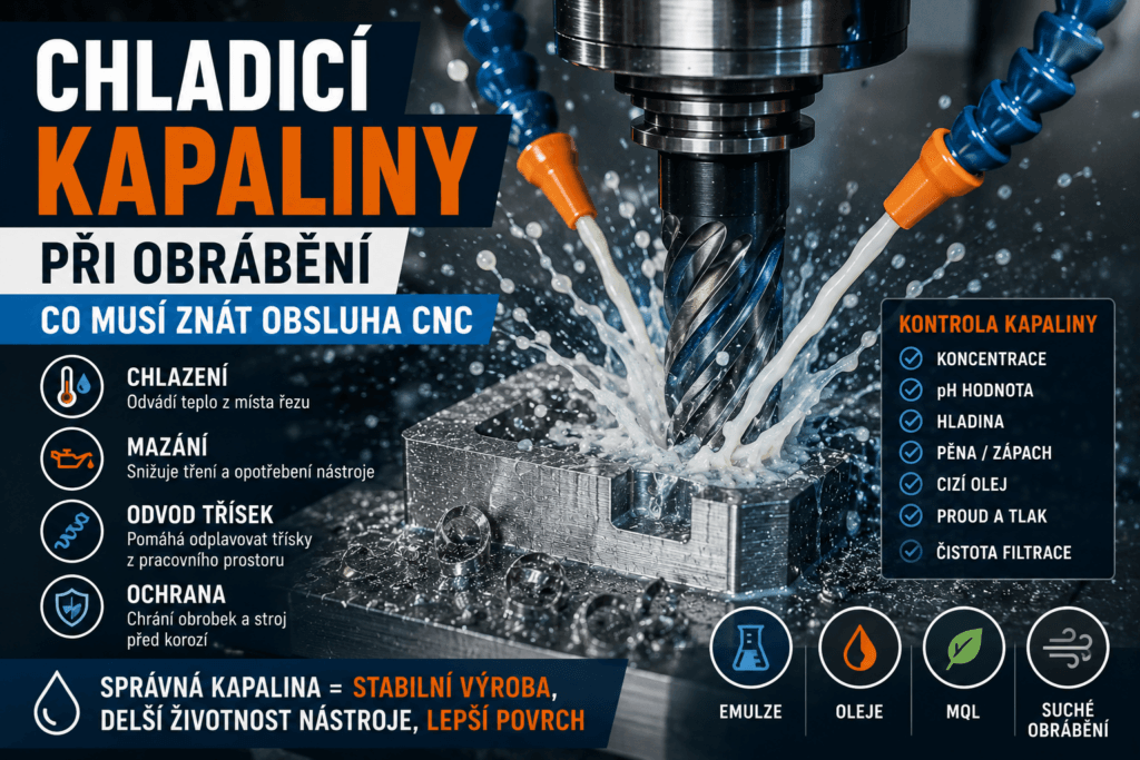 Chladicí kapalina proudící na obráběcí nástroj při CNC frézování