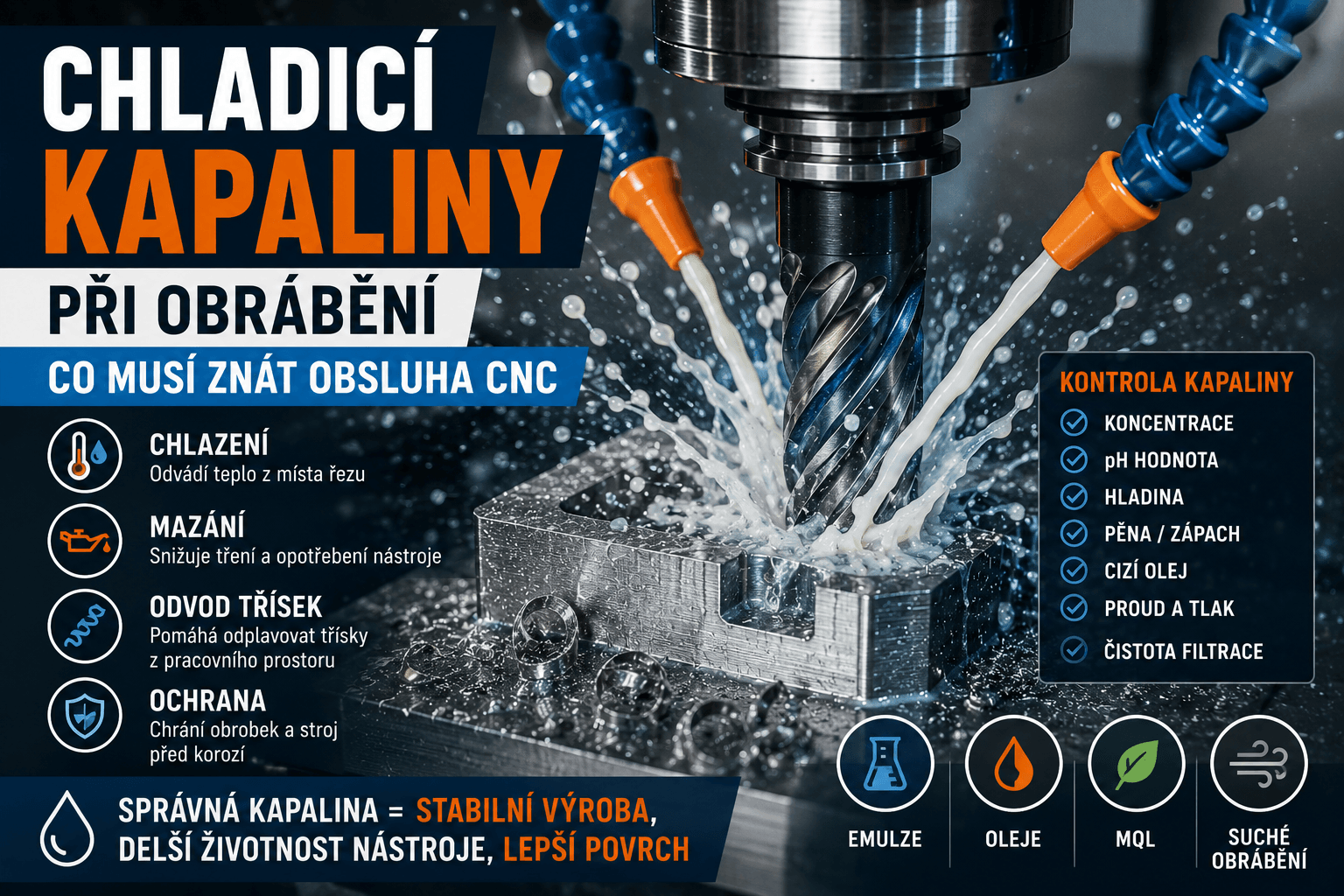 Chladicí kapalina proudící na obráběcí nástroj při CNC frézování