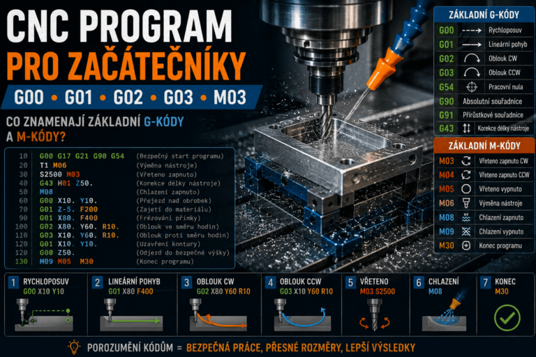 CNC frézka a ukázka programu s G-kódy G00, G01, G02, G03 a M-kódy
