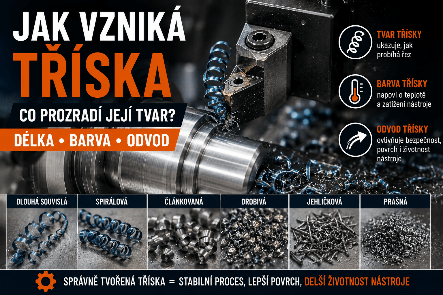 Kovové třísky vznikající při CNC soustružení a frézování