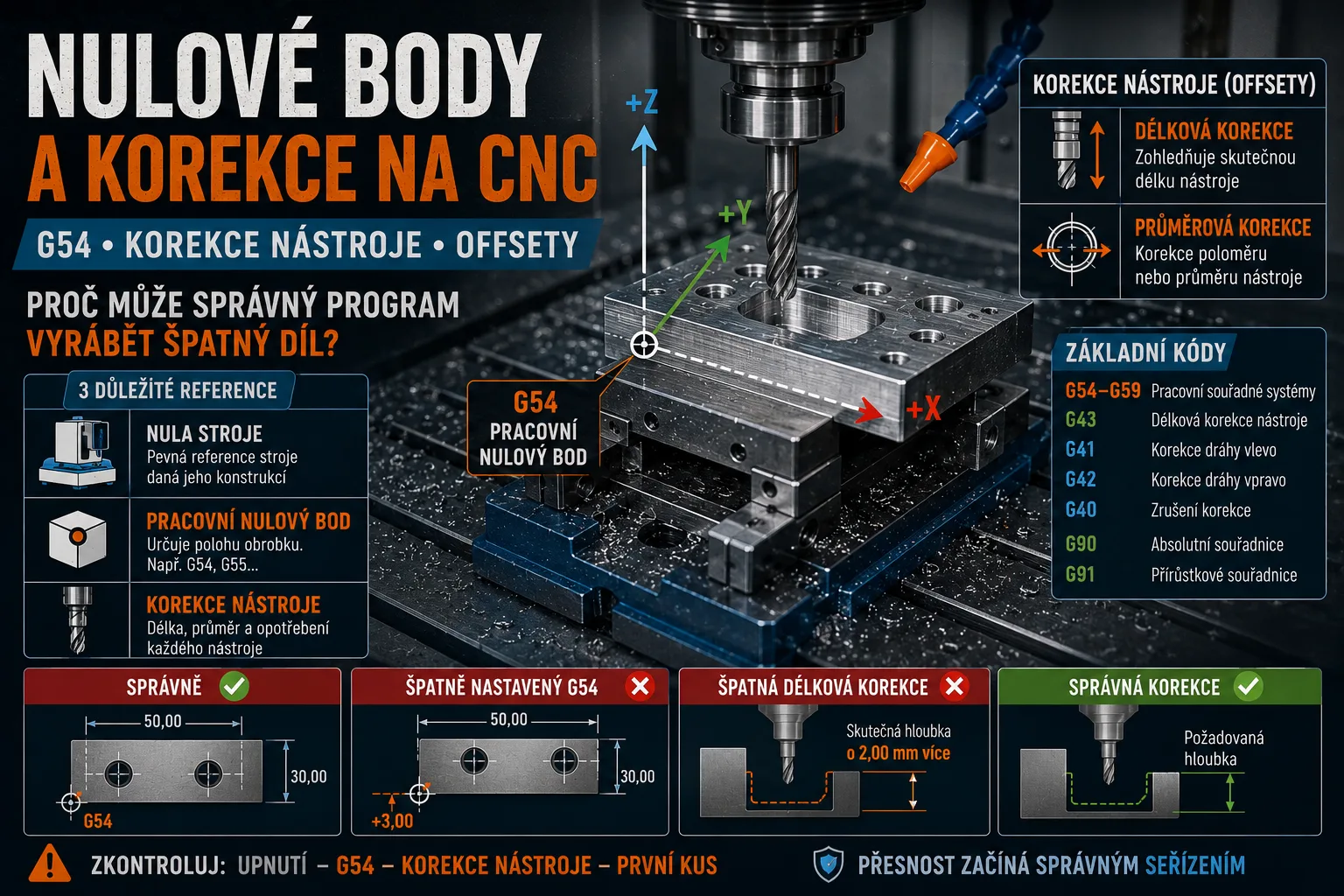 Nastavení nulového bodu a korekce u CNC