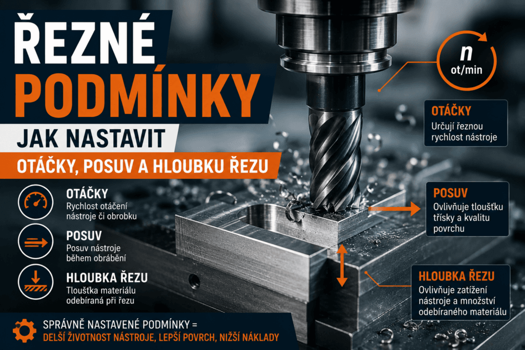 CNC obrábění s vyznačenými otáčkami, posuvem a hloubkou řezu