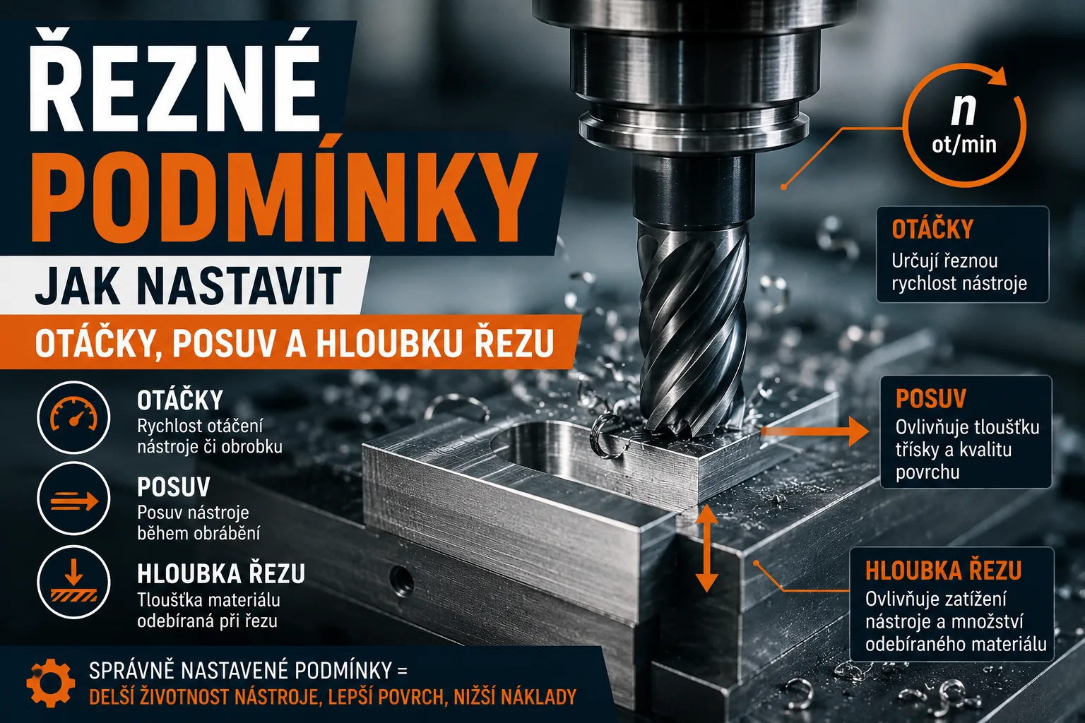 CNC obrábění s vyznačenými otáčkami, posuvem a hloubkou řezu