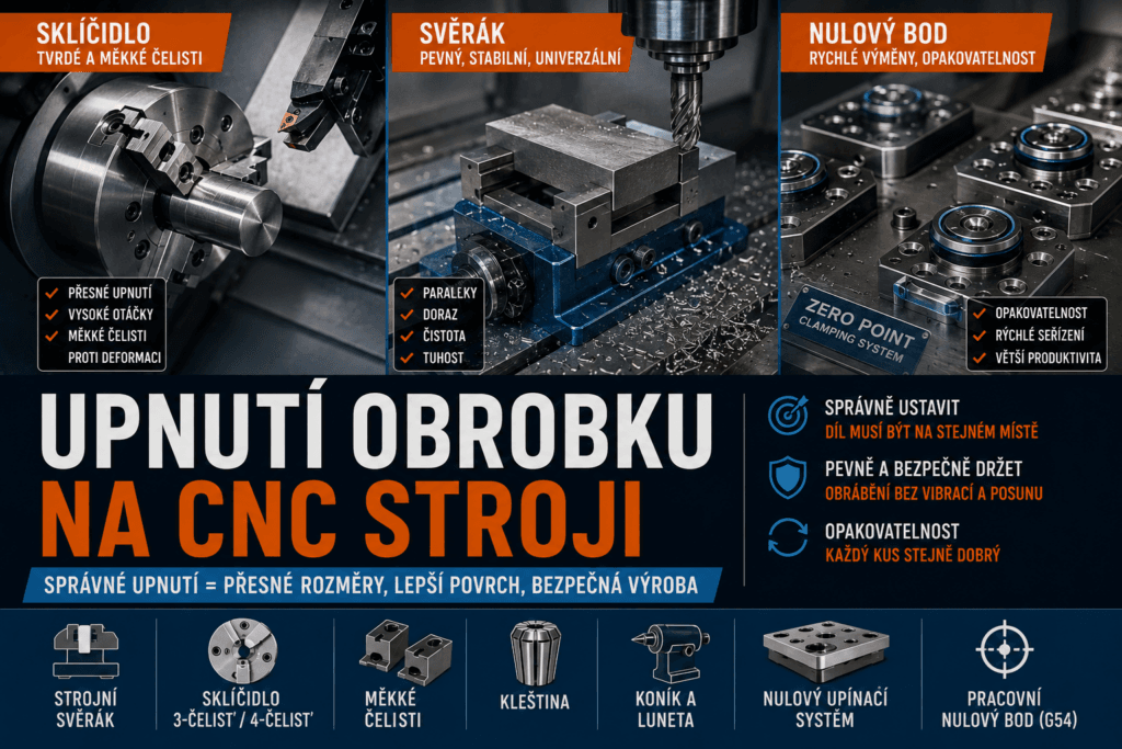 Upnutí kovového obrobku ve svěráku a sklíčidle CNC obráběcího stroje