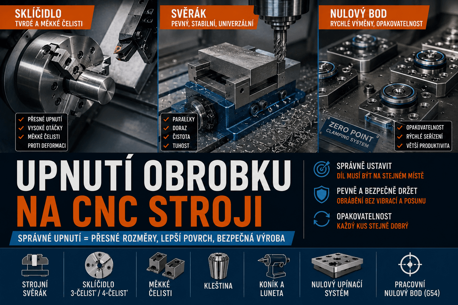 Upnutí kovového obrobku ve svěráku a sklíčidle CNC obráběcího stroje